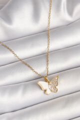 316L Çelik Gold Renk Zincir Zirkon Taşlı Beyaz Mineli Kelebek Model Kadın Kolye - TJ-BKO9940