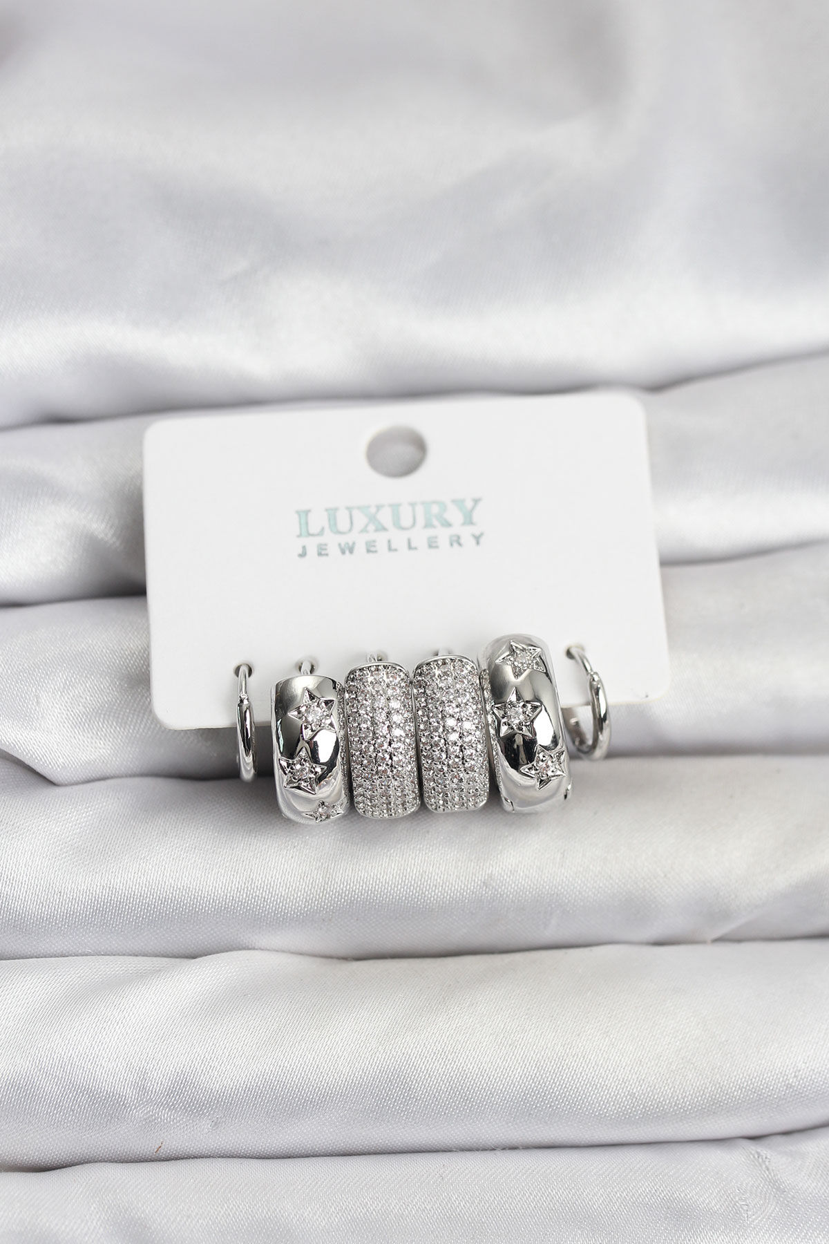 Zirkon Taşlı Pirinç Gümüş Renk Halka Kadın Küpe Seti - TJ-BKP11488