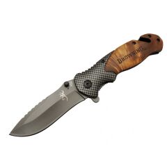 Browning X50 Kahverengi Kurtarma / Kamp Çakısı 20,5cm- Yarı Otomatik, Ahşap Sap, Cam Kırma ve İp Kesme Aparatlı