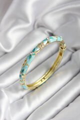 Mineli Pirinç Turkuaz Çiçek Desenli Zirkon Taşlı Gold Renk Kadın Kelepçe (çap 60 mm) - TJ-BB6990