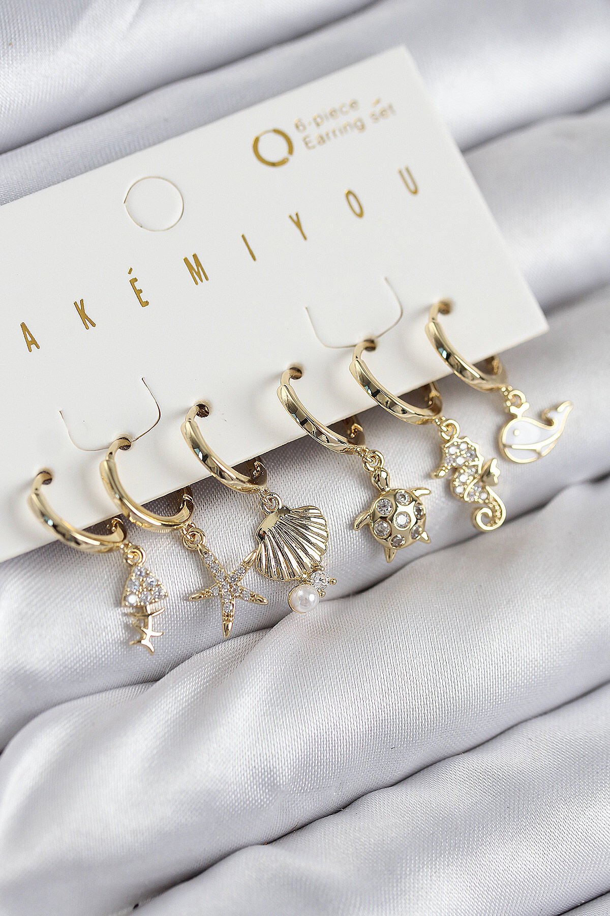 Pirinç Zirkon Taşlı İstiridye Balina Ve Yıldız Gold Renk 6'lı Küpe Set - TJ-BKP11203