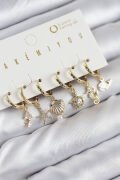 Pirinç Zirkon Taşlı İstiridye Balina Ve Yıldız Gold Renk 6'lı Küpe Set - TJ-BKP11203