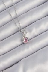 316L Çelik Zincir Gümüş Renk Pembe Zirkon Taşlı Peri Kolye - TJ-BKO9176