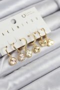 Pirinç Zirkon Taşlı Yonca Model Gold Renk 6'lı Küpe Set - TJ-BKP11207