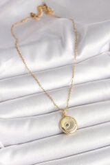 316L Çelik Gold Renk Zincir Zirkon Taş İşlemeli Hilal Yıldız İşlemeli Madalyon Model Kadın Kolye - TJ-BKO9952