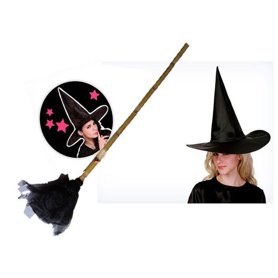 Siyah Cadı Şapkası - Bambu Saplı Cadı Süpürgesi - 2 li Set