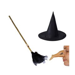 Cadı Süpürgesi - Siyah Cadı Şapkası - Cadı Burnu - 3 lü Set