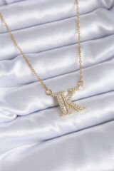 316L Çelik Gold Renk K Harf Model Zirkon Taşlı Kadın Kolye - TJ-BKO7712