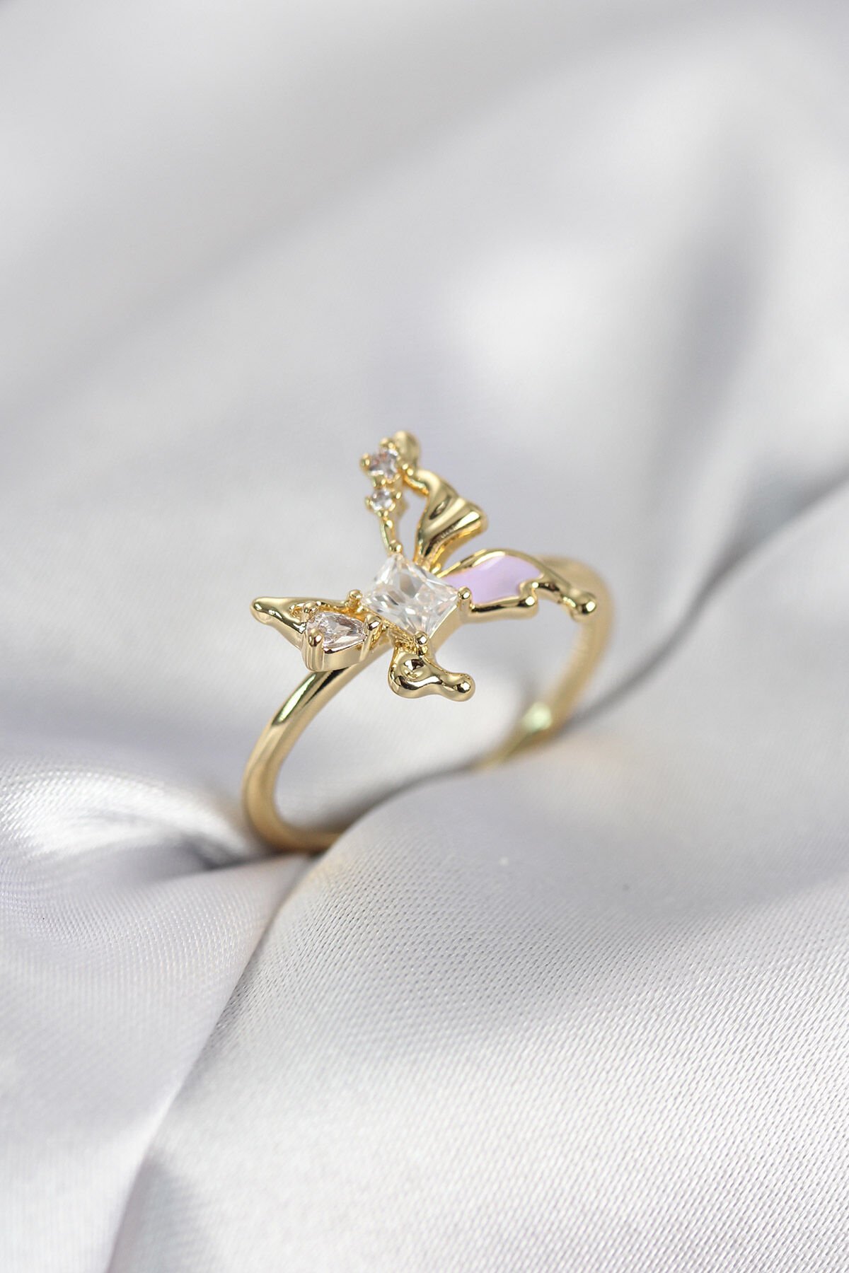 Gold Renk Kelebek Model Zirkon Taşlı Kadın Yüzük - TJ-BYK4139