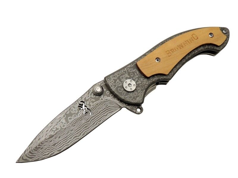 Browning 2-31 Damascus Kamp Çakı 19,5cm - Yarı Otomatik, Ahşap; Metal Sap