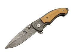 Browning 2-31 Damascus Kamp Çakı 19,5cm - Yarı Otomatik, Ahşap; Metal Sap