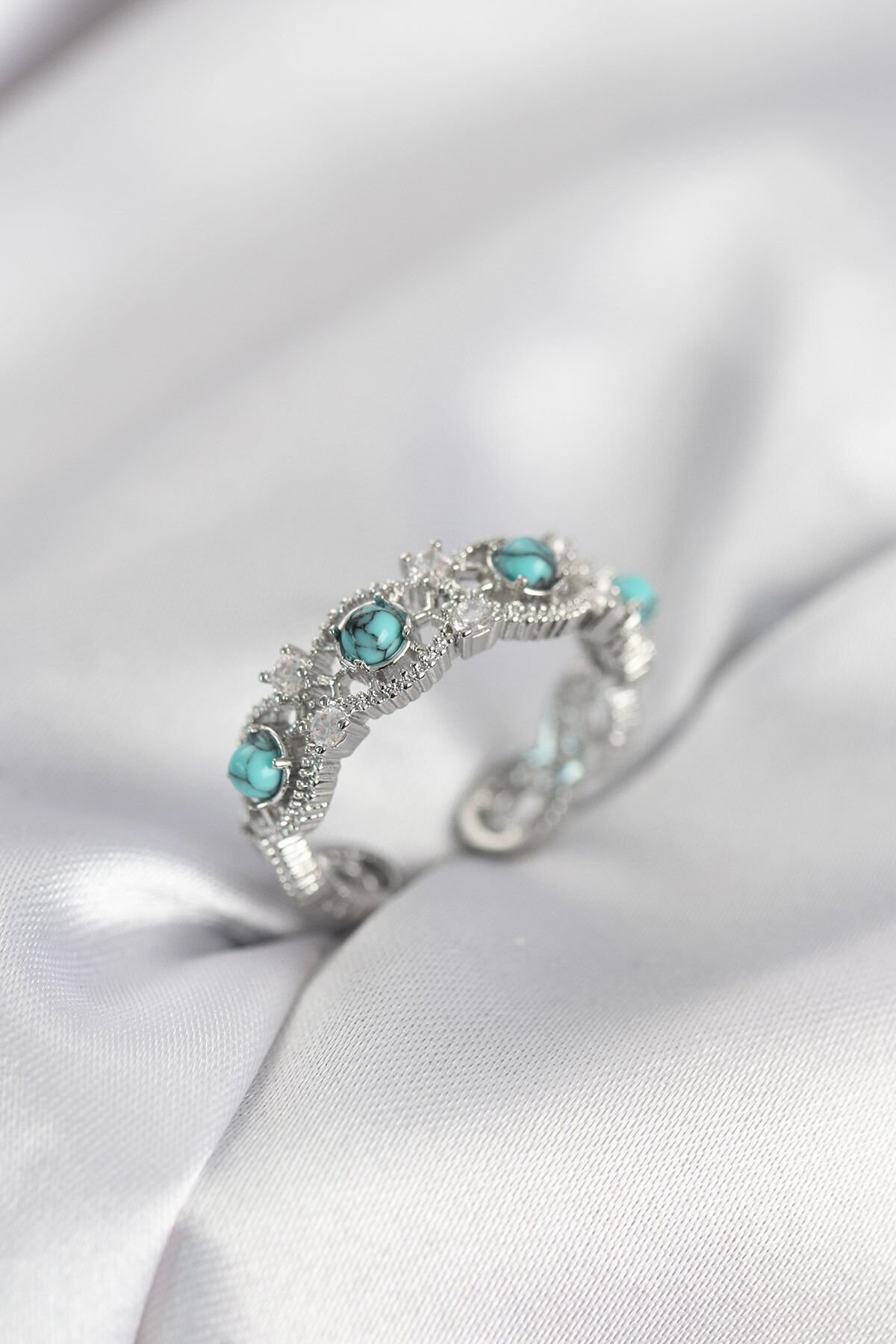 Mavi Taşlı Gümüş Renk Vintage Kadın Yüzük - TJ-BYK4140