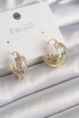Pirinç Gold Renk Zirkon Taşlı Halka Model Kadın Küpe - TJ-BKP10001