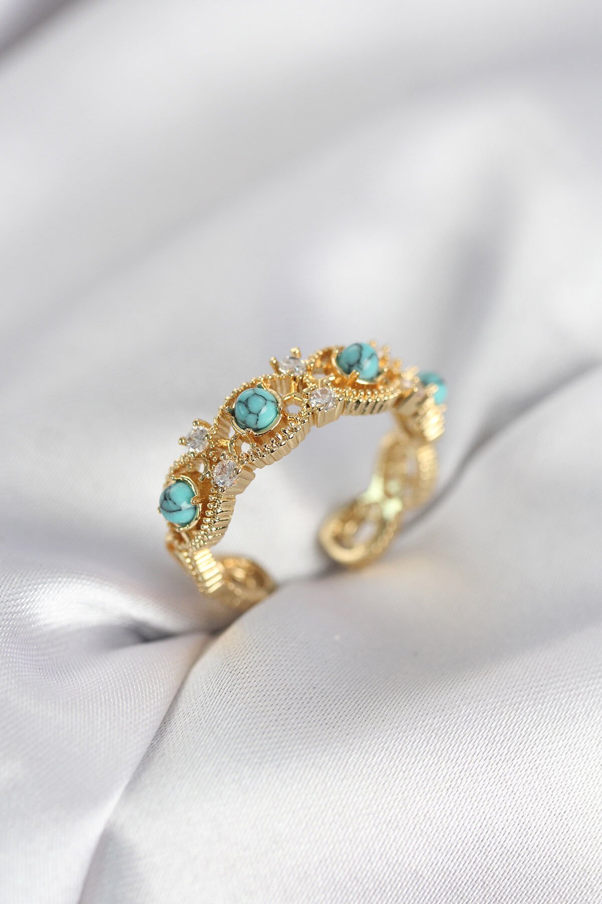 Mavi Taşlı Gold Renk Vintage Kadın Yüzük - TJ-BYK4141