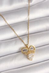 316L Çelik Gold Renk Zincir Zirkon Taşlı Kurdele Model Kadın Kolye - TJ-BKO9960