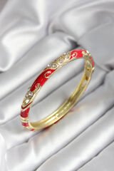 Mineli Pirinç Kırmızı Çiçek Desenli Zirkon Taşlı Gold Renk Kadın Kelepçe - TJ-BB7009