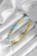 Mineli Pirinç Turkuaz Çiçek Desenli Zirkon Taşlı Gold Renk Kadın Kelepçe - TJ-BB7010