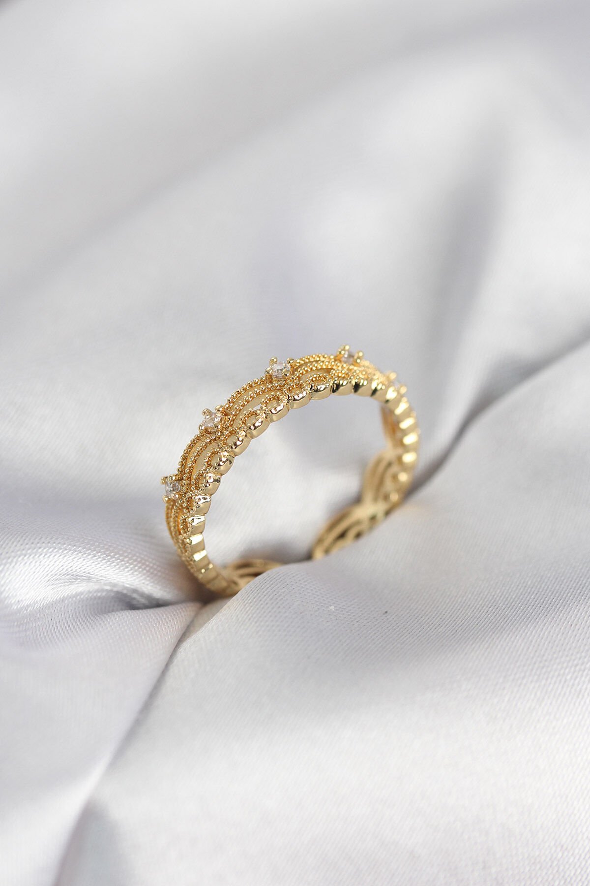 Gold Renk Motif Desenli Zirkon Taşlı Kadın Yüzük - TJ-BYK4145