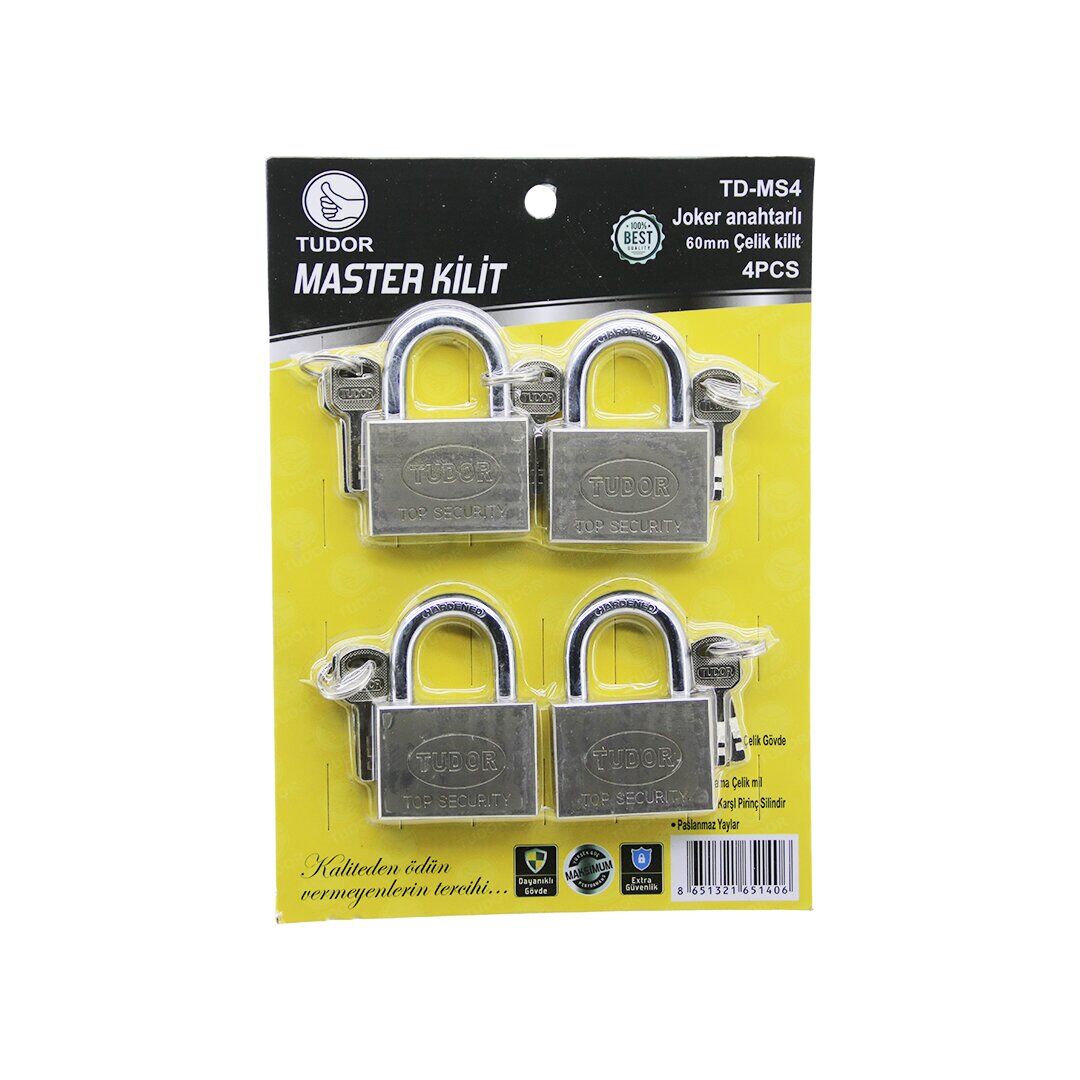 TUDOR TD-MS4 MASTER 4PCS JOKER ANAHTARLI=TEK ANAHTARLA 4 KİLİT AÇ  60MM - GRİ KISA KANCALI ÇELİK ASMA KİLİT (4944)