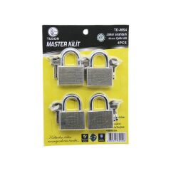 TUDOR TD-MS4 MASTER 4PCS JOKER ANAHTARLI=TEK ANAHTARLA 4 KİLİT AÇ  60MM - GRİ KISA KANCALI ÇELİK ASMA KİLİT (4944)