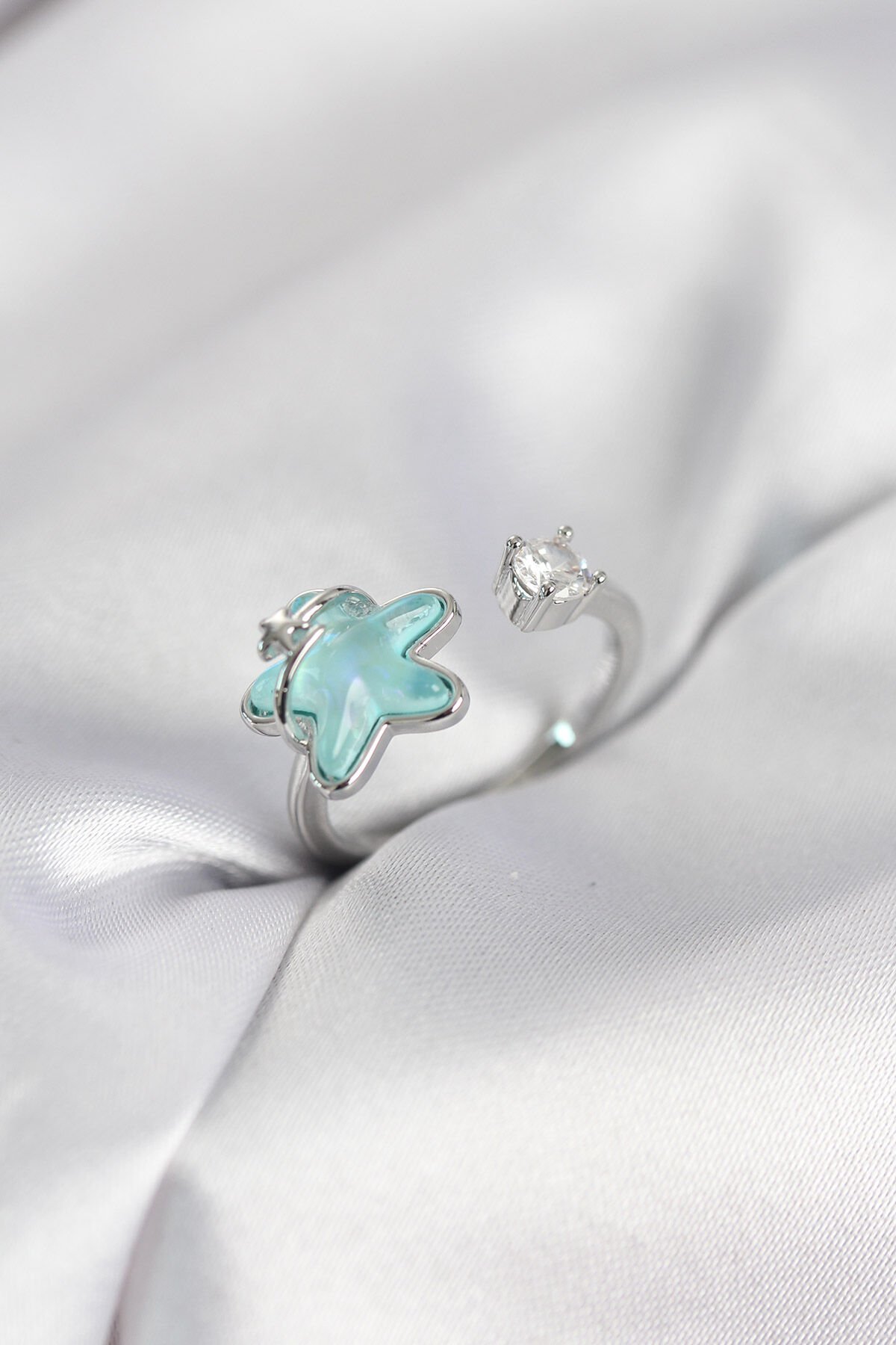 Gümüş Renk Turkuaz Yıldız Model Kadın Yüzük - TJ-BYK4146