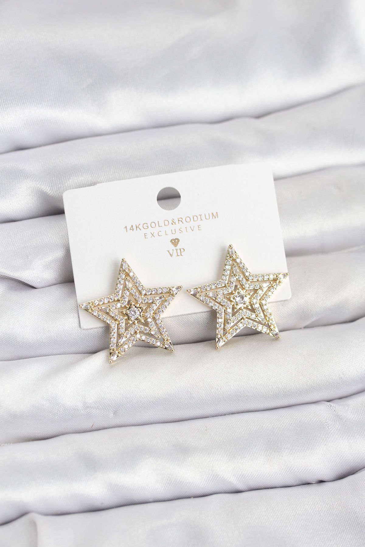 Gold Renk Pirinç Zirkon Taşlı Yıldız Model Kadın Küpe - TJ-BKP11514