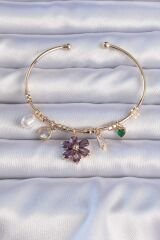 Pirinç Altın Renk Mor Zirkon Taşlı Çiçek Figürlü Charm Bileklik - TJ-BB6289