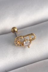 316L Çelik Gold Renk Zirkon Taşlı Toplu İğne Tragus Piercing - TJ-PR1274