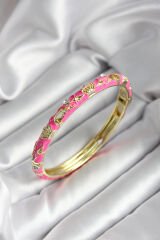 Mineli Pirinç Pembe Çiçek Desenli Gold Renk Kadın Kelepçe - TJ-BB7024
