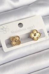 316L Çelik Gold Renk İşleme Detaylı Yonca Model Kadın Küpe - TJ-BKP10196