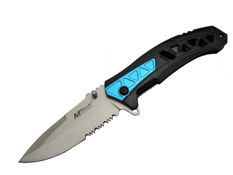 4193 Mavi Kamp Çakı 21cm - Yarı Otomatik, Testere Detaylı, Desenli Sap