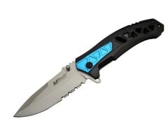 4193 Mavi Kamp Çakı 21cm - Yarı Otomatik, Testere Detaylı, Desenli Sap