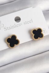 316L Çelik Gold Renk Siyah Yonca Model Kadın Küpe - TJ-BKP10199