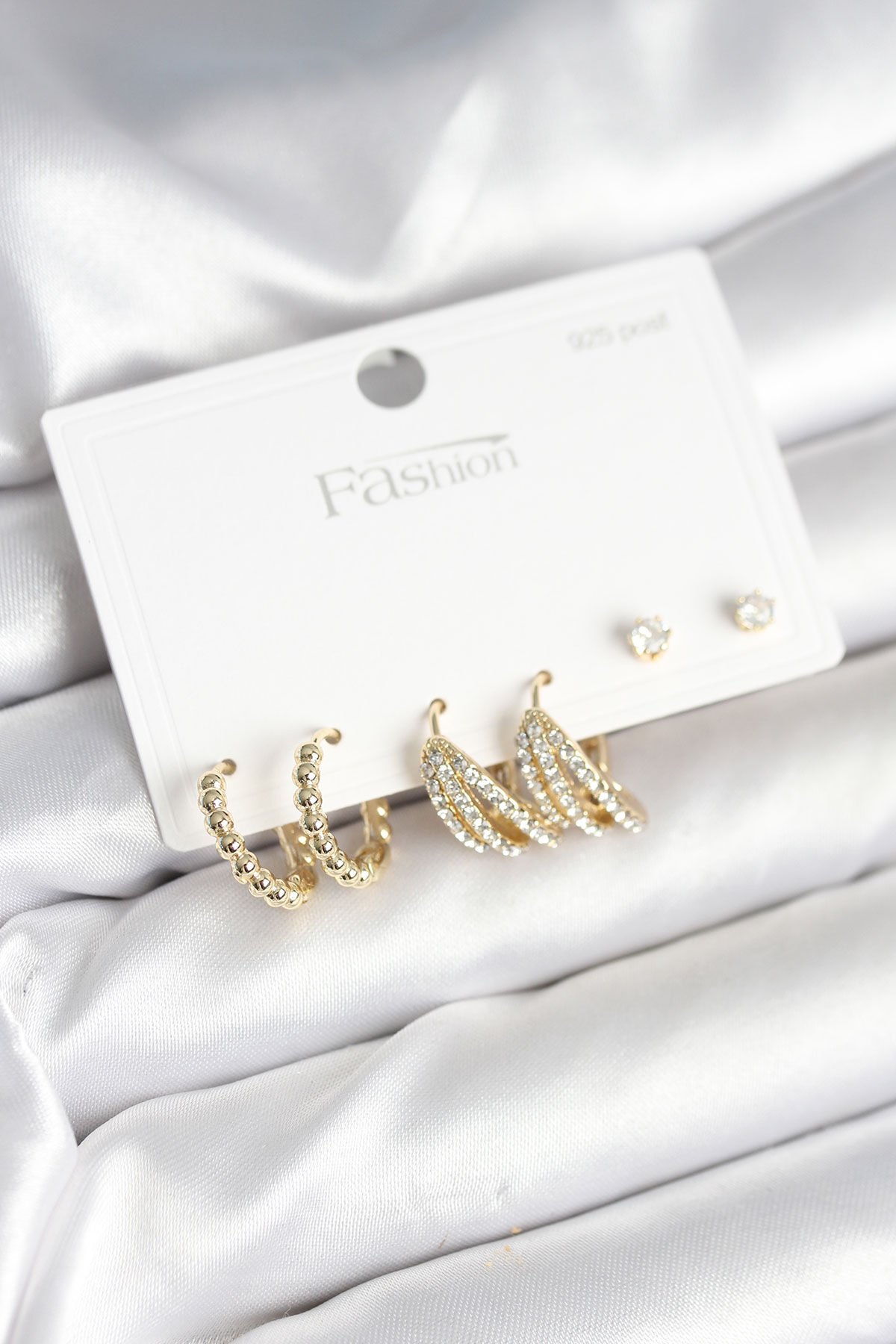 Gold Renk Pirinç 925 Ayar Gümüş Çivili Kadın Küpe Seti - TJ-BKP11276