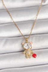 316L Çelik Gold Renk Zincir Zirkon Taşlı Ayıcık Model Kırmızı Kalp Detay Kadın Kolye - TJ-BKO9986