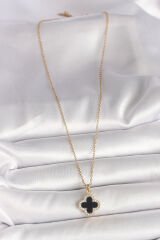 316L Çelik Gold Renk Zincir Zirkon Taşlı Yonca Model Kadın Kolye - TJ-BKO9990