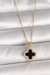 316L Çelik Gold Renk Zincir Zirkon Taşlı Yonca Model Kadın Kolye - TJ-BKO9990