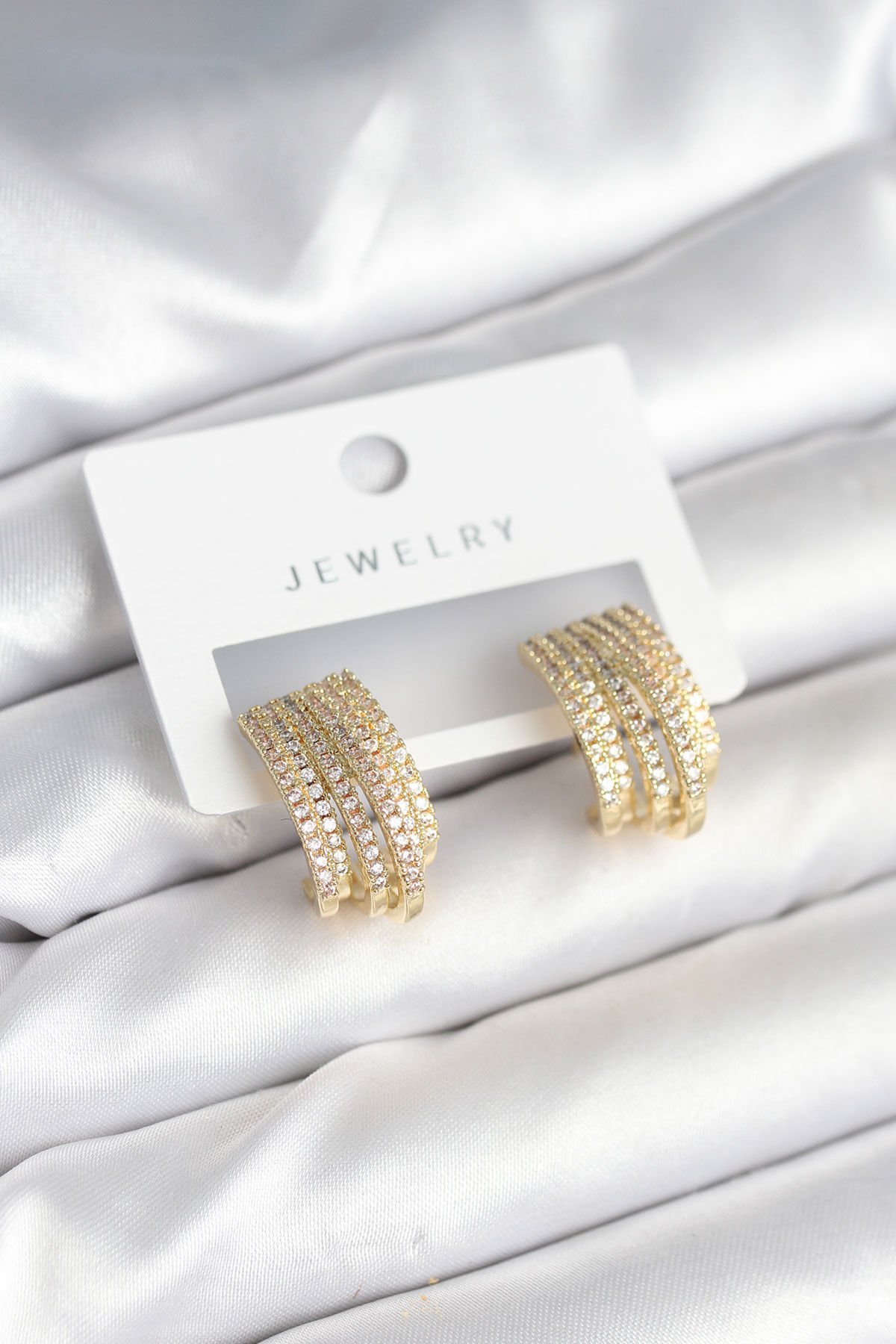 Zirkon Taşlı Şerit Model Gold Renk Pirinç Kadın Küpe - TJ-BKP11282