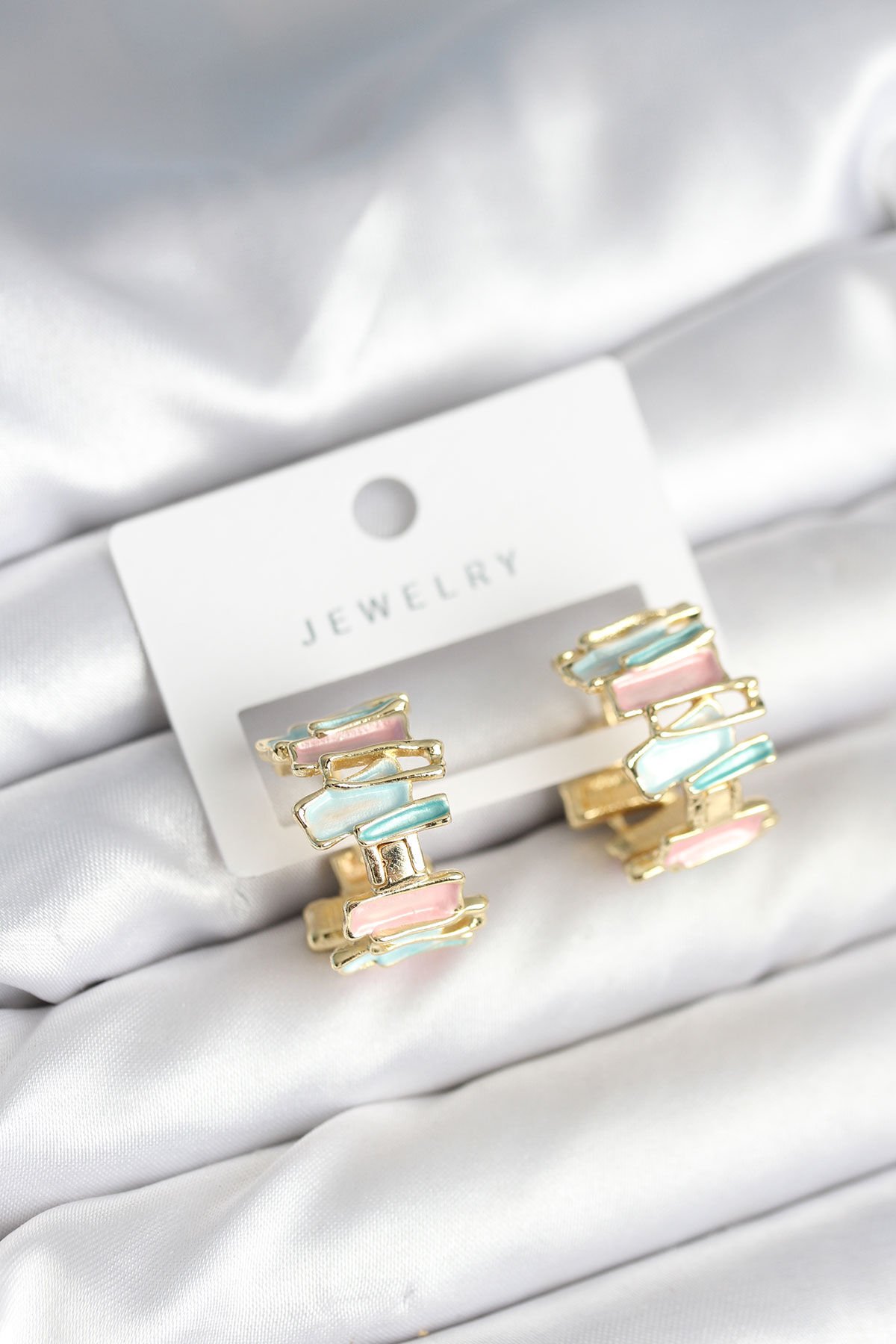 Mineli Karışık Renkli Gold Kadın Küpe - TJ-BKP11283