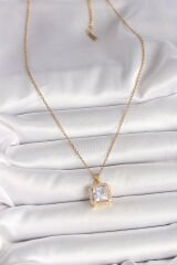 316L Çelik Gold Renk Zincir Kare Zirkon Taşlı Model Kadın Kolye - TJ-BKO9992