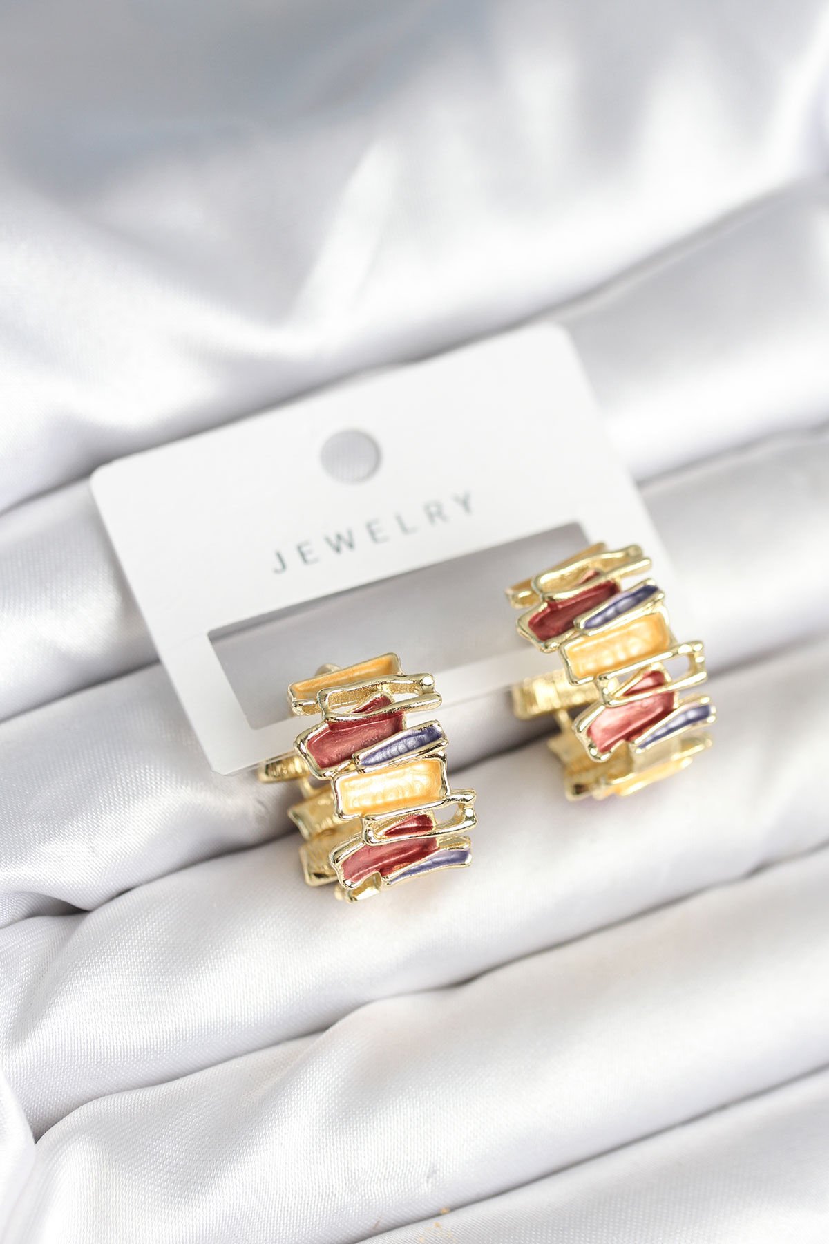 Mineli Karışık Renkli Gold Pirinç Kadın Küpe - TJ-BKP11284