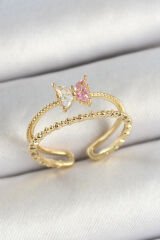 Pirinç Kelebek Figürlü Zirkon Taşlı Gold Renk Ayarlanabilir Kadın Yüzük - TJ-BYK3766