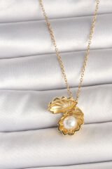 316L Çelik Gold Renk Zincir Açılır İncili Midye Model Kadın Kolye - TJ-BKO9994