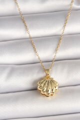 316L Çelik Gold Renk Zincir Açılır İncili Midye Model Kadın Kolye - TJ-BKO9994