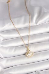 316L Çelik Gold Renk Zincir Zirkon Taşlı Kuğu Model Kadın Kolye - TJ-BKO9996