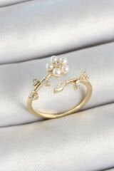 Pirinç İnci Detaylı Papatya Figürlü Zirkon Taşlı Gold Renk Ayarlanabilir Kadın Yüzük - TJ-BYK3770