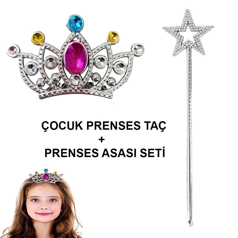 Çocuklar İçin Taraklı Prenses Tacı ve Prenses Yıldız Asa Seti Gümüş (4944)