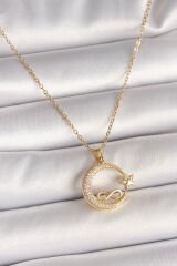316L Çelik Gold Renk Zincir Zirkon Taşlı Ay Yıldız Model Sonsuzluk Detay Kadın Kolye - TJ-BKO10000