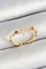 Pirinç Papatya Figürlü Zirkon Taşlı Gold Renk Ayarlanabilir Kadın Yüzük - TJ-BYK3778