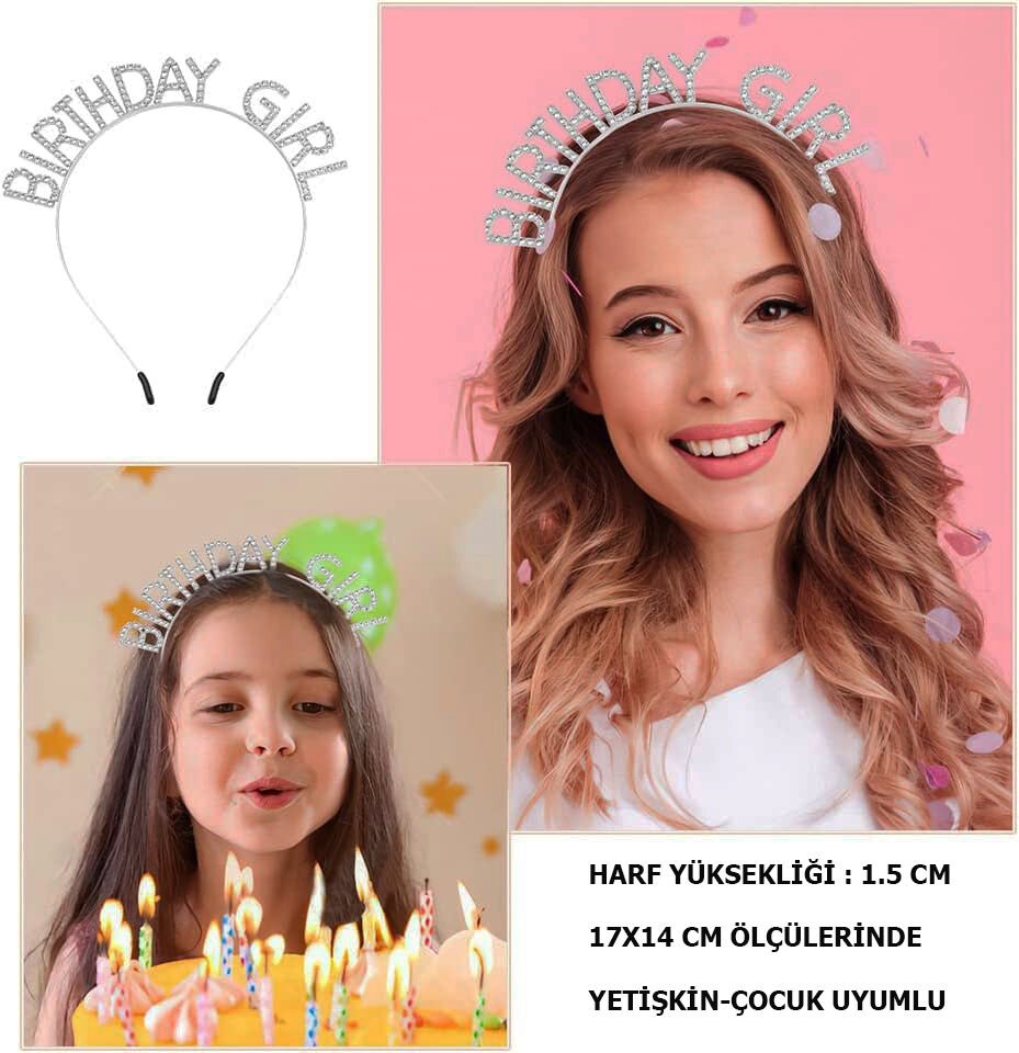 Kristal Taşlı Gümüş Birthday Girl Yazılı Doğum Günü Parti Tacı 19x11 cm (4944)